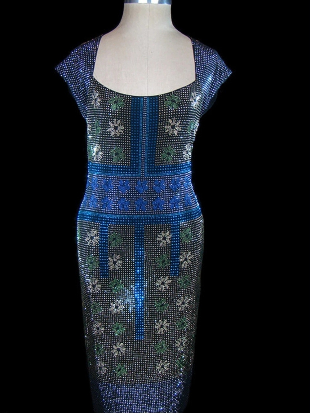 Versace Blue & Green Sequin Sheath Midi Dress